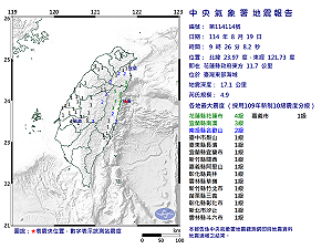 快訊》09:26臺灣東部海域發生規模4.9有感地震 最大震度花蓮縣花蓮市4級
