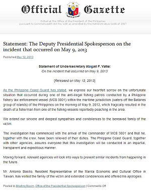 菲總統府發表聲明  稱已透過駐台代表道歉