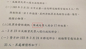 「陳威廷」占立院？法務部報告寫錯名字