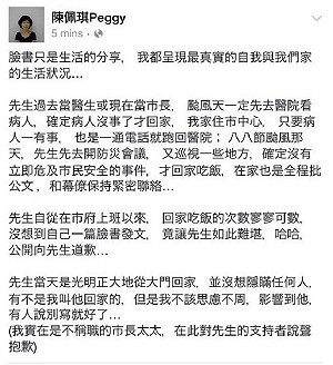 指柯颱風天在家惹議 陳佩琪PO文道歉關臉書