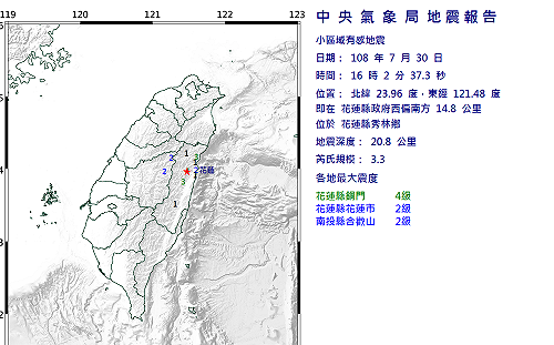 快訊》花蓮縣16：02發生規模3.3地震  銅門最大震度4級