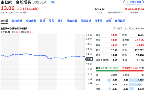 千金股發威！掛牌不到一季大漲逾3成 00981A居ETF成交王