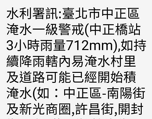 烏龍訊息！北市中正區淹水一級警戒為誤傳