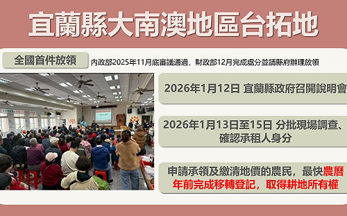 重啟自耕農公地放領  宜蘭大南澳首案最快農曆年前完成移轉登記