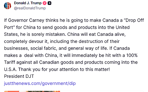 警告加拿大勿成中國「中轉港」 川普揚言對加國商品課徵100％關稅
