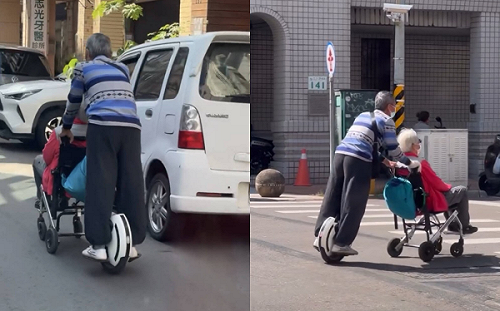 高雄老翁飆獨輪車推輪椅嬤出行！網嚇傻 警開罰最高3600元