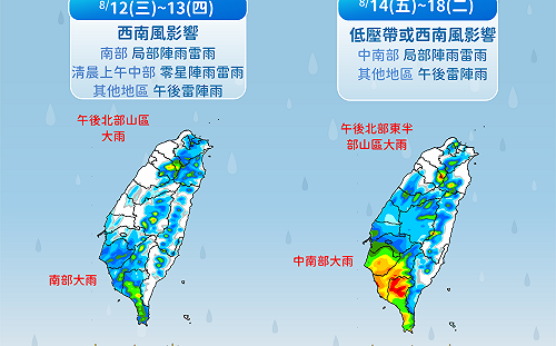颱風遠離西南風接棒！明起一週全台有雨 降雨趨勢一圖看  