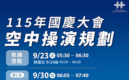 國慶空中操演即將登場  機隊9/23起飛越總統府上空