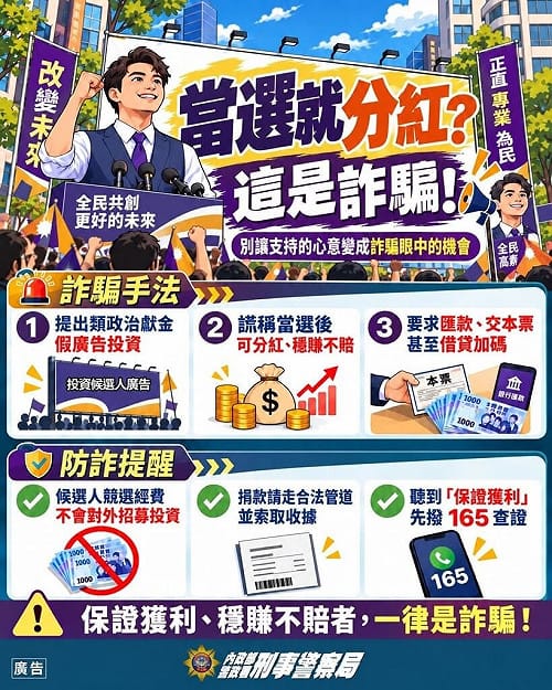 詐團誆投資參選人廣告可分紅  高雄車廠老闆遭騙百萬