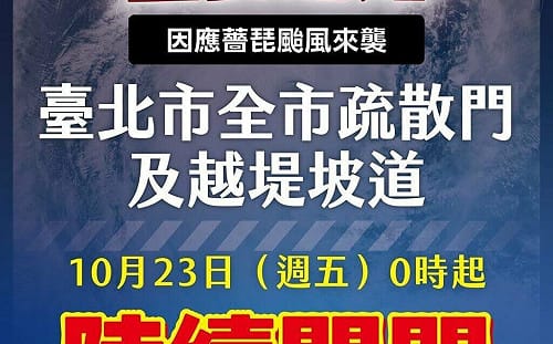 薔琵颱風逼近台灣！台北市23日起關閉水門 即起開放全市紅黃線有條件停車