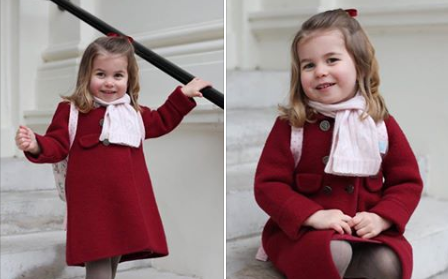 英夏綠蒂公主上學  穿120英鎊紅大衣王妃媽掌鏡
