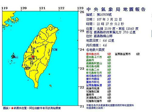 嘉義梅山規模4.6地震 最大震度雲林5級