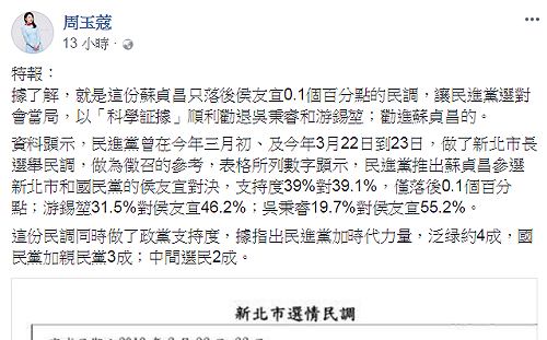 新北市長民調羅生門？  周玉蔻和民進黨各執一詞