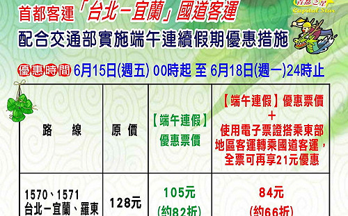 首都客運祭端午連假「台北－宜蘭」優惠疏運方案 