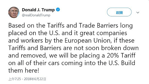 又來了！川普揚言對歐盟銷美汽車一律課稅20%
