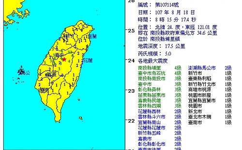 8:15南投縣埔里規模5.0地震 深度17.5KM