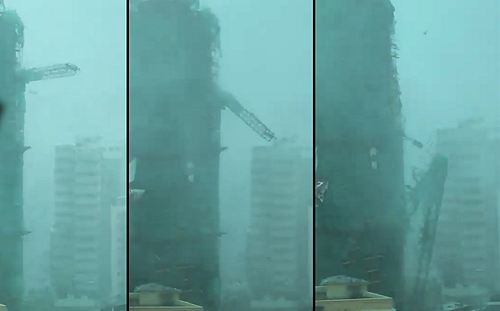 山竹發威吹香港 施工高樓吊掛鋼樑遭狂風扯斷 (影)