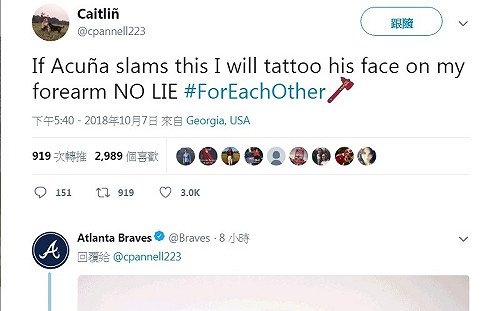 MLB／祭品文別亂下 女勇士球迷得刺青阿庫納臉