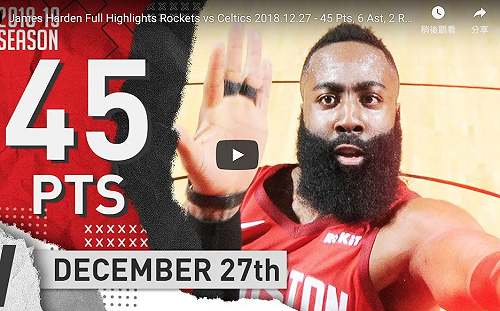 NBA／哈登投進9顆三分彈　狂砍45分助火箭主場滅綠衫軍(影)