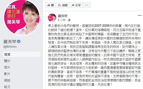 「被自己大老射箭」 蕭美琴挺蔡英文稱「當家不易」