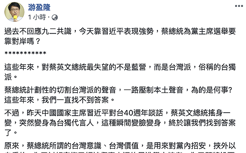 4大老逼宮被轉向  游盈隆批：習近平竟成民進黨主席選舉助選員