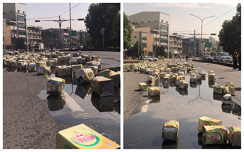 載運泰山沙拉油車輛意外翻覆　留下罕見「滿地流油」景象