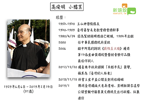「台灣的人格者」高俊明 一生為民主犧牲奮鬥 (圖)