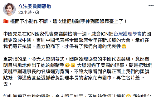 國際護理協會中國大媽對我代表鹹豬手  硬翻名牌阻國旗曝光