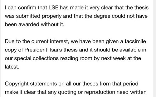 蔡英文LSE博士論文 最快下週放回特藏閱覽室
