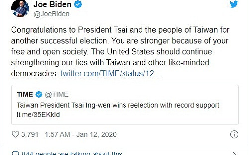 恭賀蔡總統連任 拜登籲美國強化與台灣關係