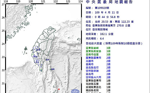 凌晨0:44地牛翻身！南部海域6.4地震  最大震度台東.屏東.台南3級