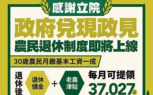 農退儲金條例三讀通過！農民月繳1成基本工資 退休月領3.7萬