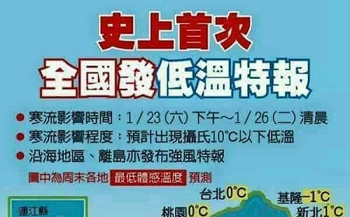 網傳週末「史上首例全台低溫特報」氣象局：假的