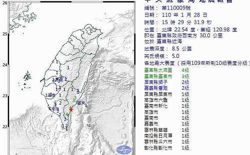 快訊》15：29地牛翻身！台東規模5.0有感地震 最大震度4級