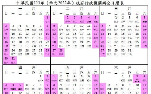 2022年行事曆：春節放9天假、3天以上連假有7個