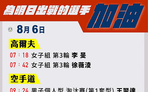 東奧》台灣8/6賽程 最後兩賽事 空手道王翌達拼金 高球雙姝戰第三輪