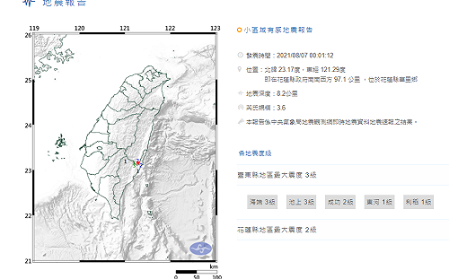 台灣東部地震 最大震度臺東縣3級