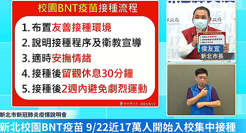 新北校園打BNT 侯友宜宣布:接種後全校線上授課2天
