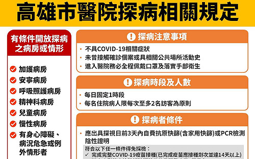 高雄市轄內醫院即日起開放部分病房供民眾探病