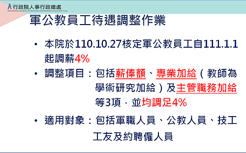 明年起軍公教調薪4%  技工、工友、臨時和約聘僱人員也在內