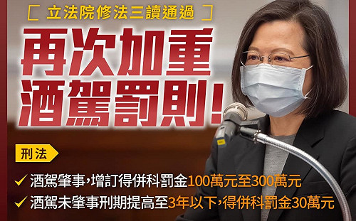 蔡英文：再次加重酒駕罰則、累犯得公布姓名照片