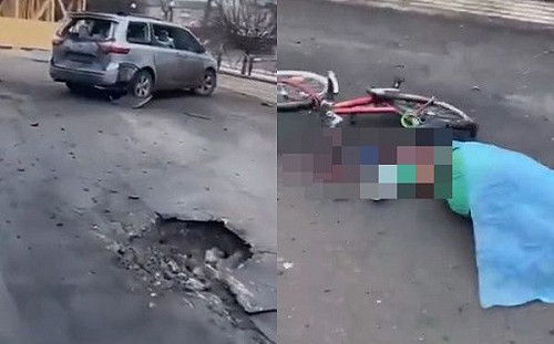 (影)戰火無情！烏克蘭女子騎單車上路遭砲彈炸飛 癱坐掙扎倒地不起