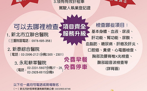 健康最重要！ 新北計程車運將免費健檢5/2起報名