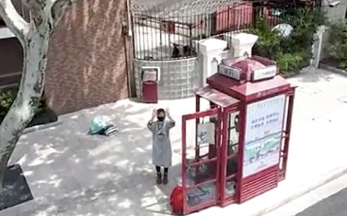 詭異 她住在上海紅色電話亭裡!  保全：已一年多 還拖行李箱帶著一條狗