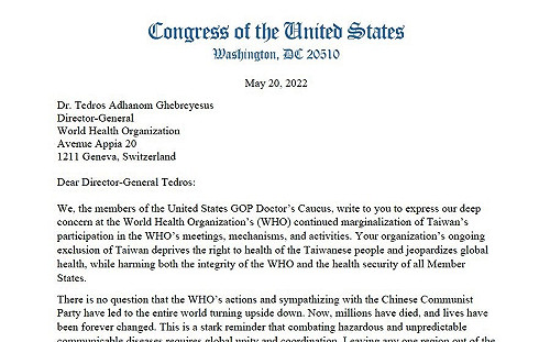 美15位眾議員聯名致函譚德塞！呼籲將台灣納入WHO 「勿向中共低頭」