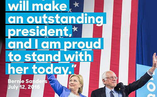 桑德斯站台不退選  稱要全力助希拉蕊進白宮