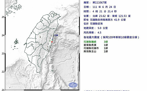 花蓮近海地震規模4.5 最大震度花蓮縣3級