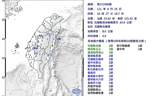 花蓮規模4.9淺層地震 最大震度花蓮4級、南投嘉義3級
