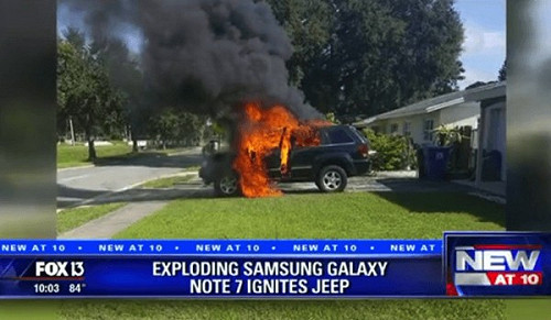 三星note7再傳爆炸  燒毀一輛吉普車