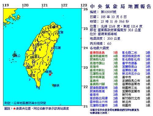 台東外海芮氏規模6.0地震 綠島震度5級